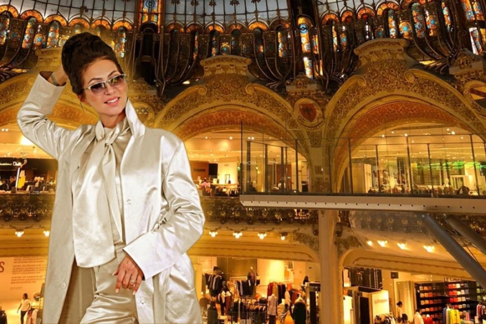 Abbildung von Kamila Paś in einem weißen Anzug vor der Silhouette eines prunkvollen Modehauses. Kamila Pas. Eine glamouröse Frau in einem glänzenden, champagnerfarbenen Hosenanzug mit hohem Kragen und Sonnenbrille, posiert in einer luxuriösen, architektonisch beeindruckenden Umgebung, die an ein Kaufhaus erinnert. Dieses Outfit strahlt puren Luxus und Eleganz aus und ist perfekt für besondere Anlässe oder einen Auftritt, der in Erinnerung bleiben soll. Es zeigt, wie man durch die Wahl von edlen Materialien und einem außergewöhnlichen Schnitt einen atemberaubenden Look kreiert. Frau in glänzendem champagnerfarbenem Hosenanzug in luxuriöser Umgebung, Hannover, Stilberatung.
