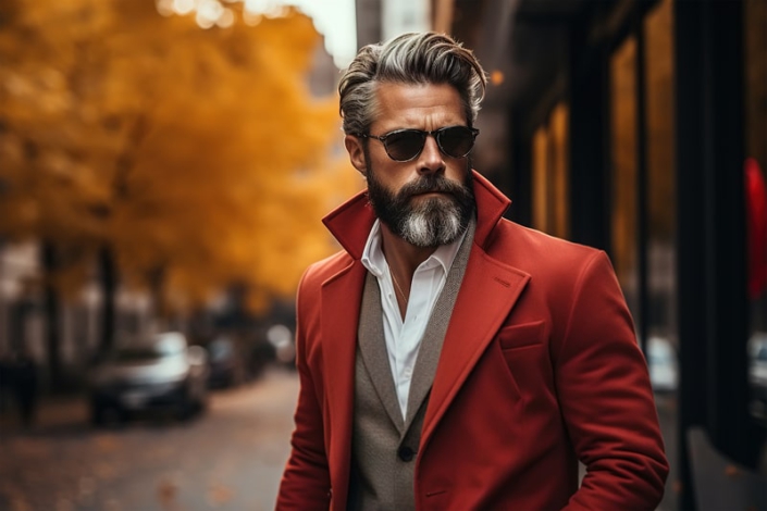 Stilvoller Mann mit Bart und rotem Mantel im Herbstlook, repräsentiert moderne Herren Modeberatung in Hannover.