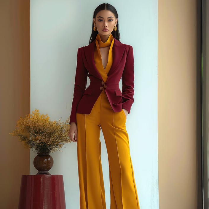 Eine stilvolle Frau präsentiert einen eleganten Damenanzug in kräftigen Farben: ein burgunderroter Blazer kombiniert mit einer senfgelben Hose und einem passenden Rollkragenoberteil. Dieses Outfit strahlt Selbstbewusstsein und Professionalität aus und ist ideal für Business-Meetings oder besondere Anlässe, bei denen ein starker erster Eindruck zählt. Es zeigt, wie man durch gezielte Farbwahl und Schnittführung eine beeindruckende Silhouette schafft.Elegant und professionell, Hannover, Stilberatung