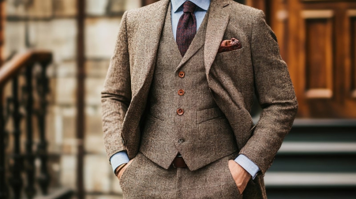 Eleganter Mann im maßgeschneiderten braunen Tweed-Anzug, Beispiel für hochwertige Stilberatung für Anzüge in Hannover.